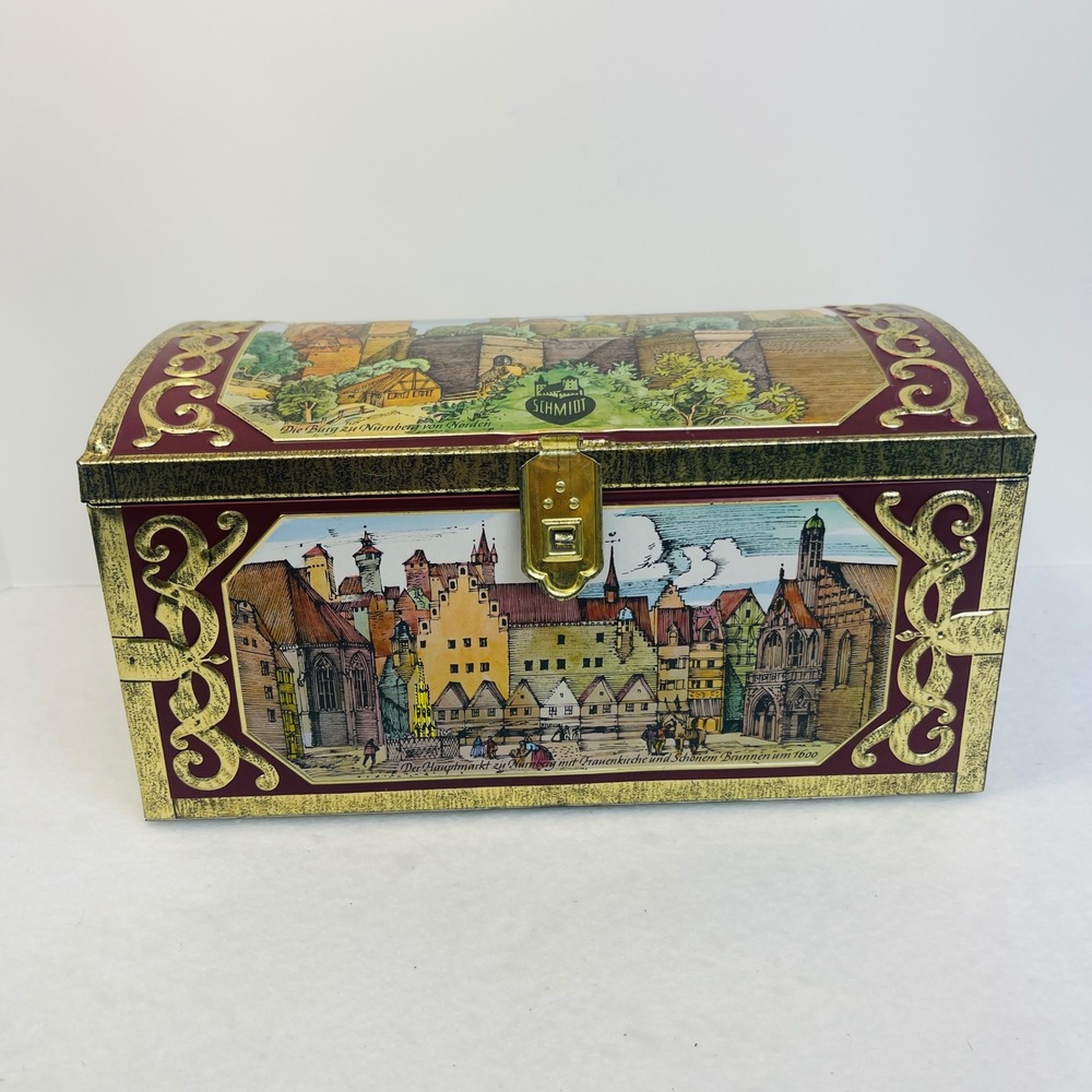 Schmidt Nuremberg Lebkuchen Treasure Chest Tin Burgundy Gold German Vintage Good
